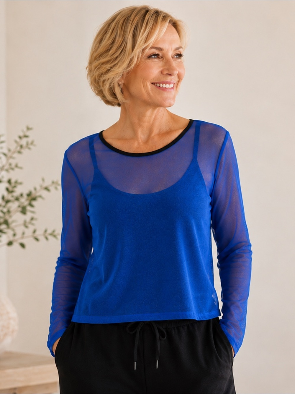 Sympli - Sheer Mesh Long Sleeve Overlay Top - Cobalt Blue